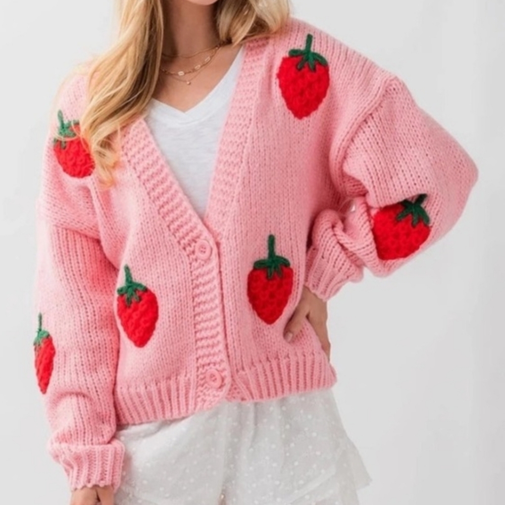 Pink Knit Cropped Cardigan with Crocheted Strawberry Appliques. Sz Large